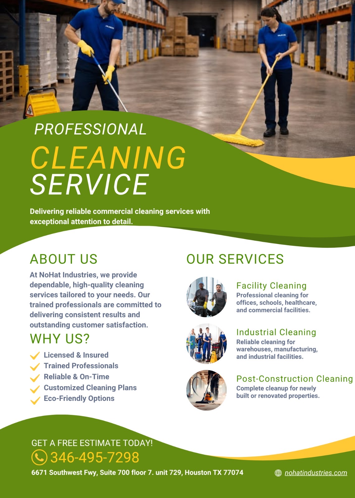 NoHat Industries crew cleaning a warehouse
